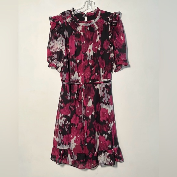 CHETTA B Ruffle Neck Puff SLV & Hem Impressionist Print Coquette Party Dress 12 - Picture 1 of 16